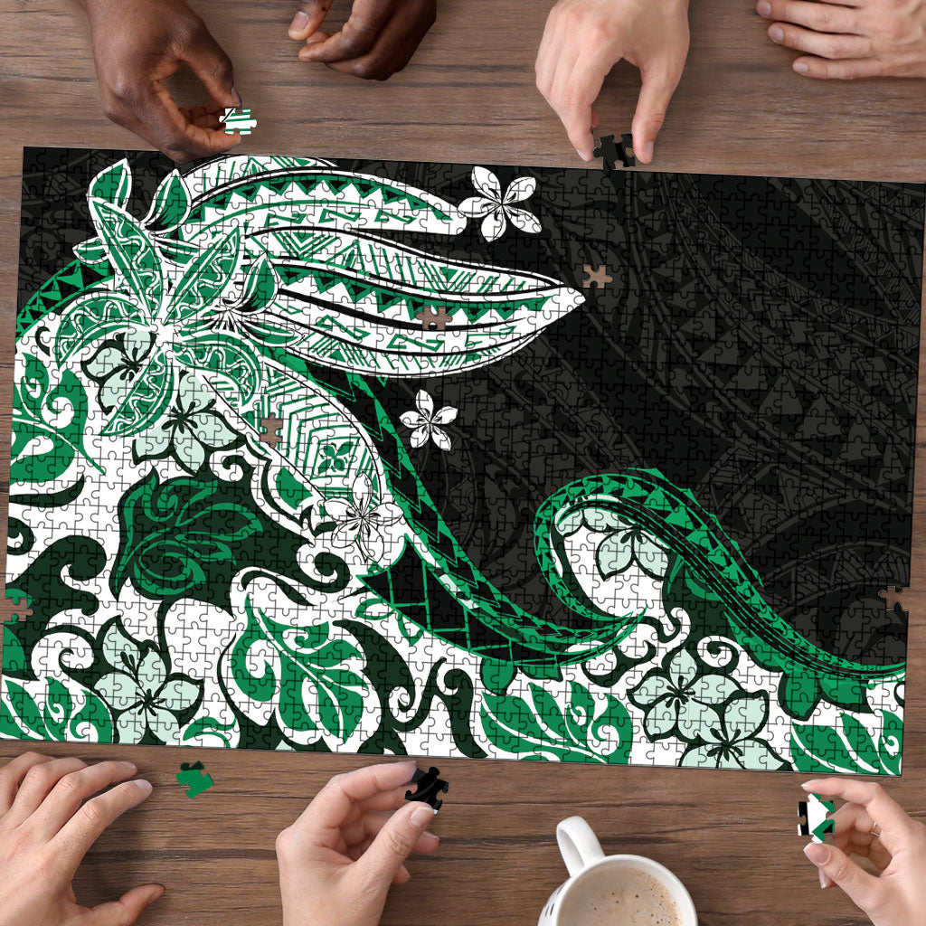 Monstera Plumeria Flowers Green Puzzle Polynesian Pattern