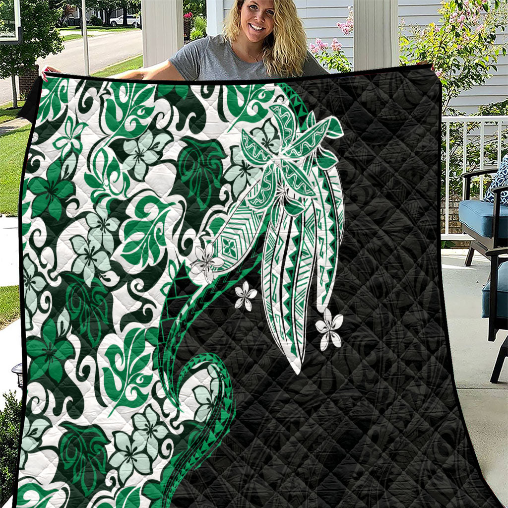 Monstera Plumeria Flowers Green Quilt Polynesian Pattern