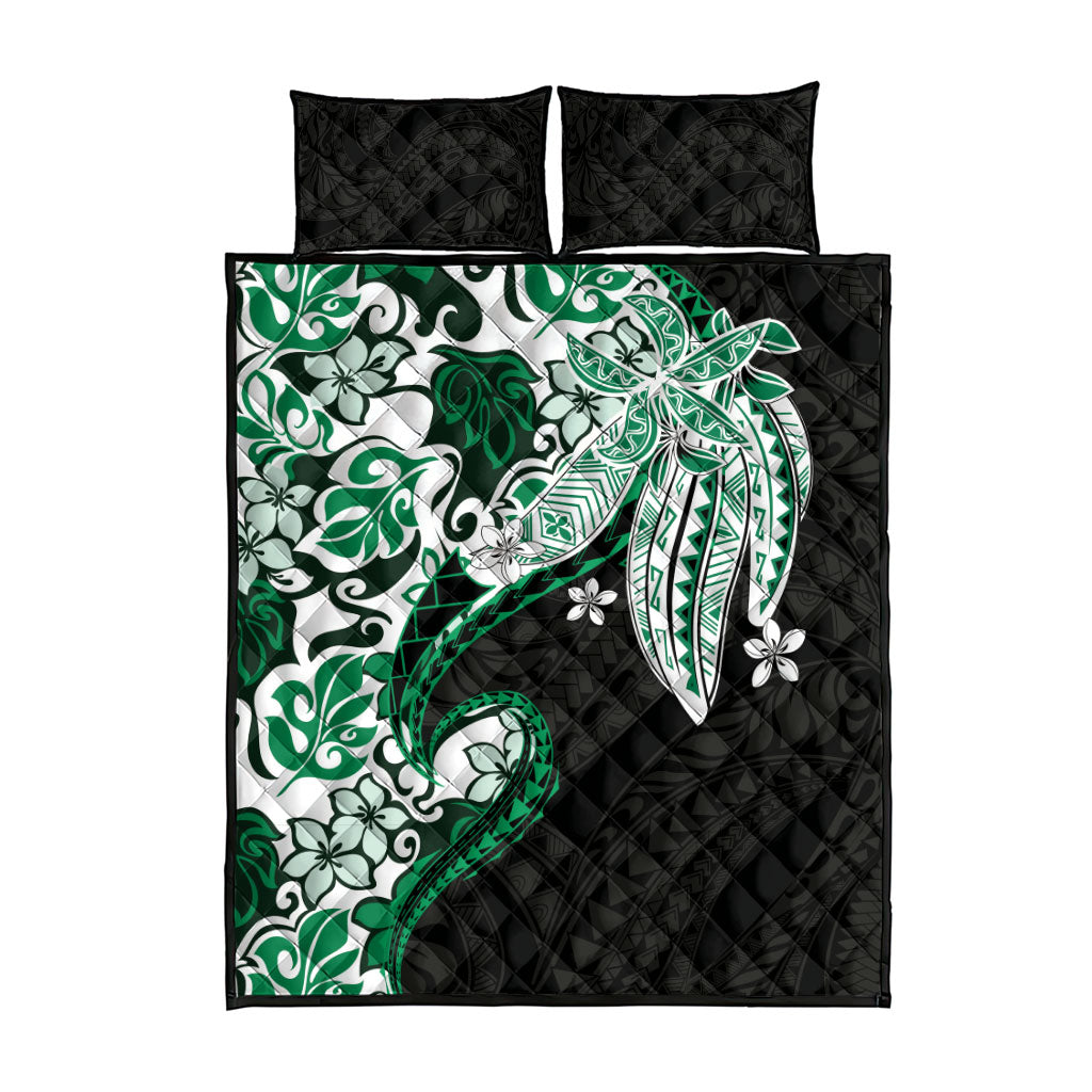 Monstera Plumeria Flowers Green Quilt Bed Set Polynesian Pattern