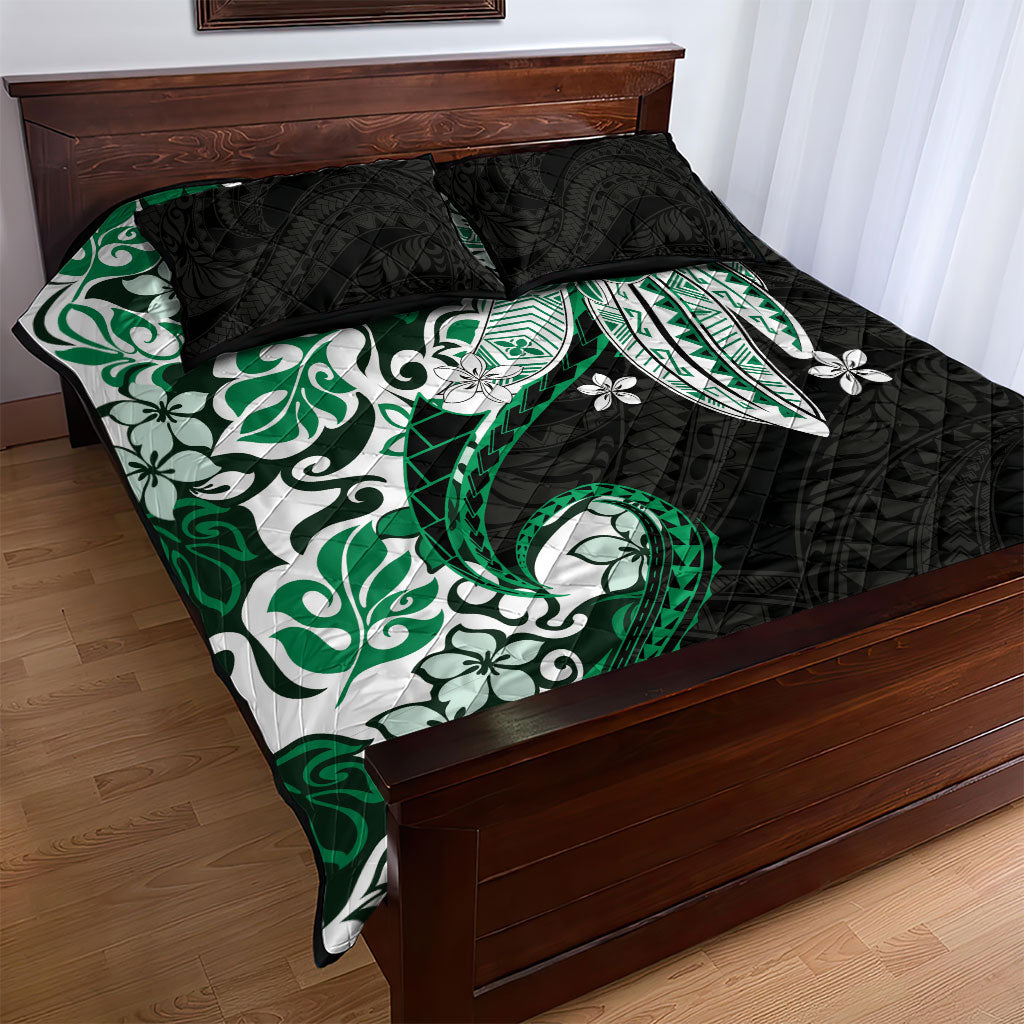 Monstera Plumeria Flowers Green Quilt Bed Set Polynesian Pattern