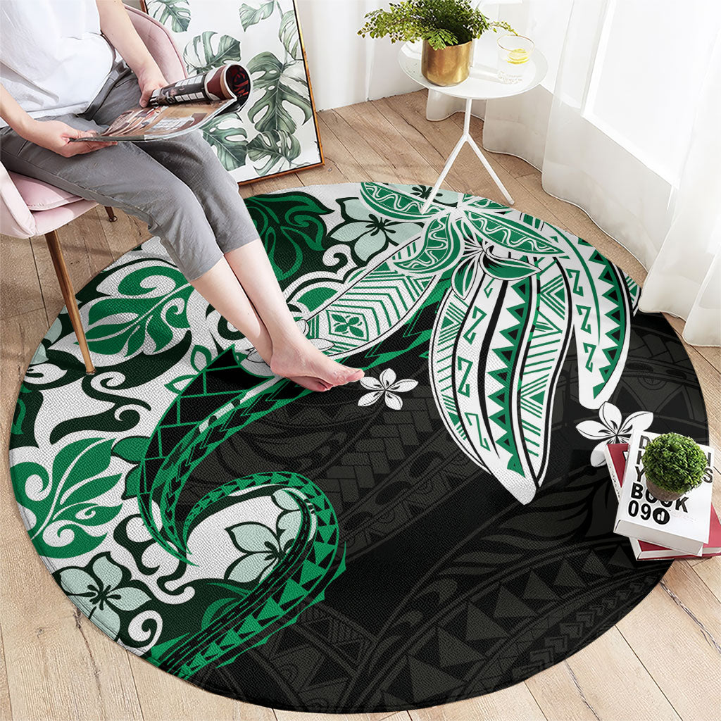 Monstera Plumeria Flowers Green Round Carpet Polynesian Pattern