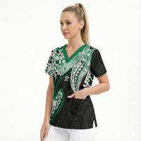 Monstera Plumeria Flowers Green Scrub Top Polynesian Pattern