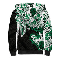Monstera Plumeria Flowers Green Sherpa Hoodie Polynesian Pattern