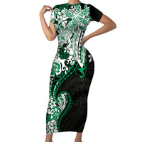 Monstera Plumeria Flowers Green Short Sleeve Bodycon Dress Polynesian Pattern