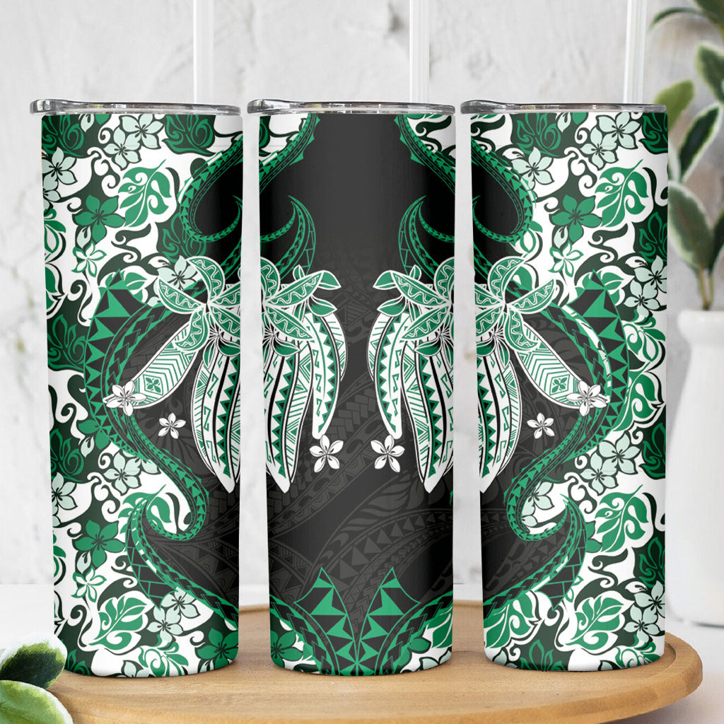 Monstera Plumeria Flowers Green Skinny Tumbler Polynesian Pattern