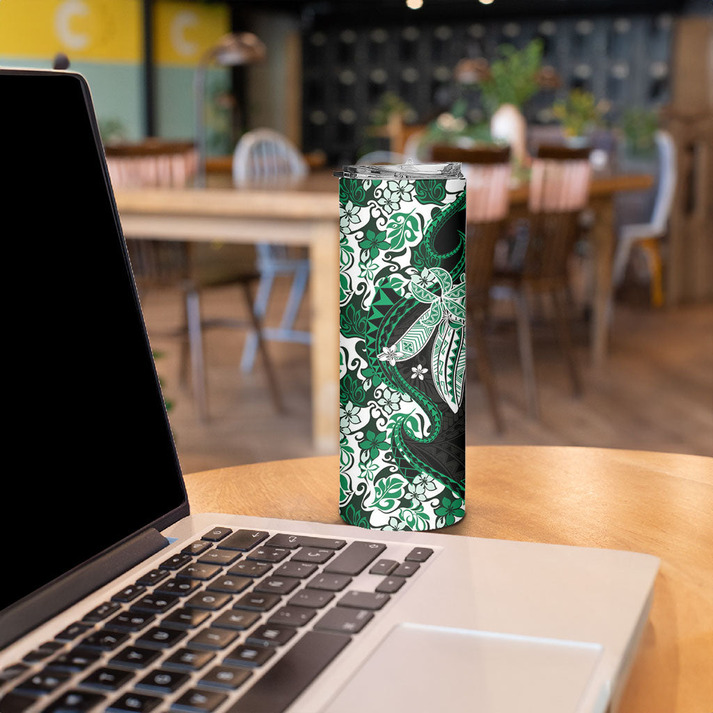 Monstera Plumeria Flowers Green Skinny Tumbler Polynesian Pattern