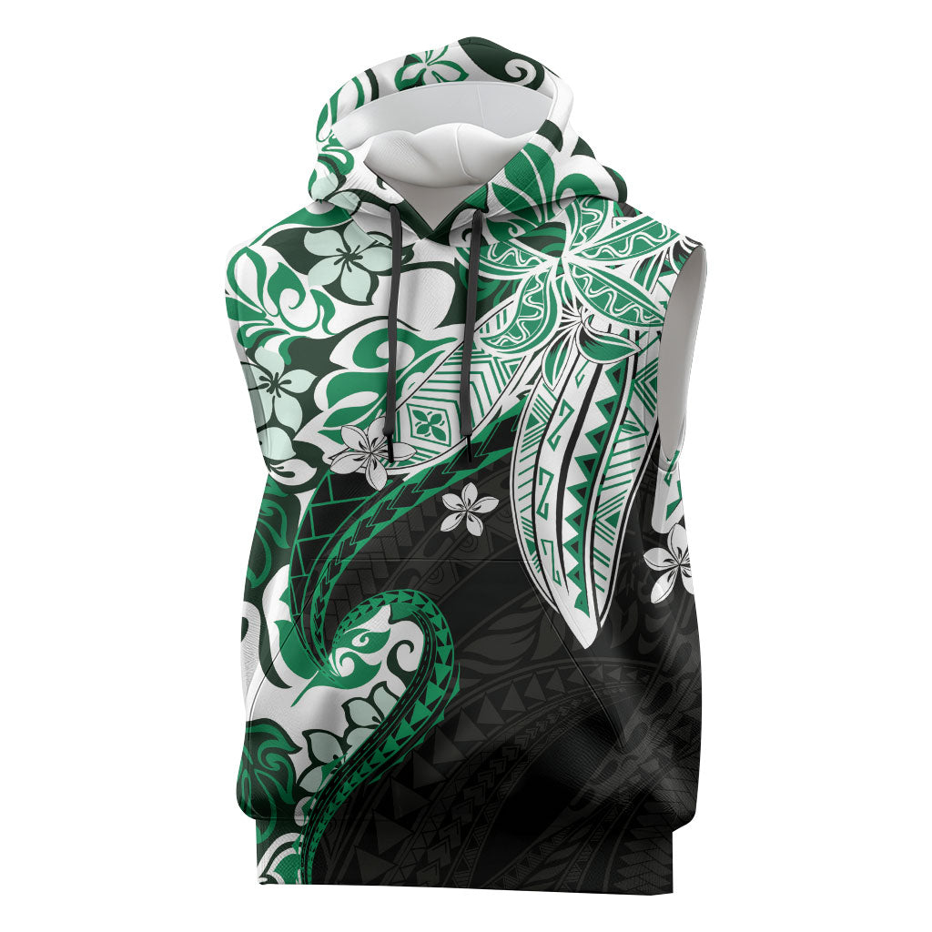 Monstera Plumeria Flowers Green Sleeveless Hoodie Polynesian Pattern