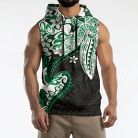 Monstera Plumeria Flowers Green Sleeveless Hoodie Polynesian Pattern