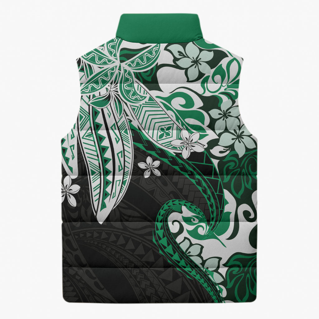 Monstera Plumeria Flowers Green Sleeveless Puffer Jacket Polynesian Pattern