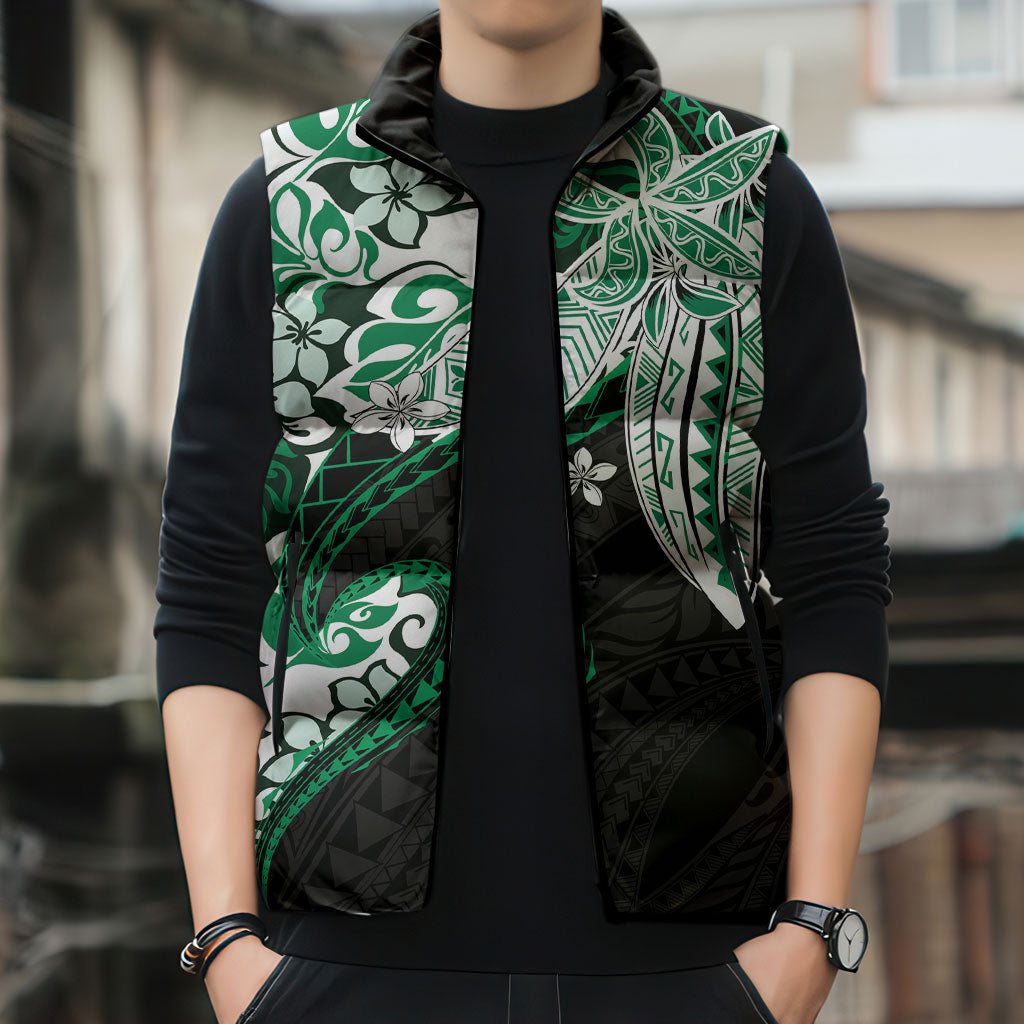 Monstera Plumeria Flowers Green Sleeveless Puffer Jacket Polynesian Pattern