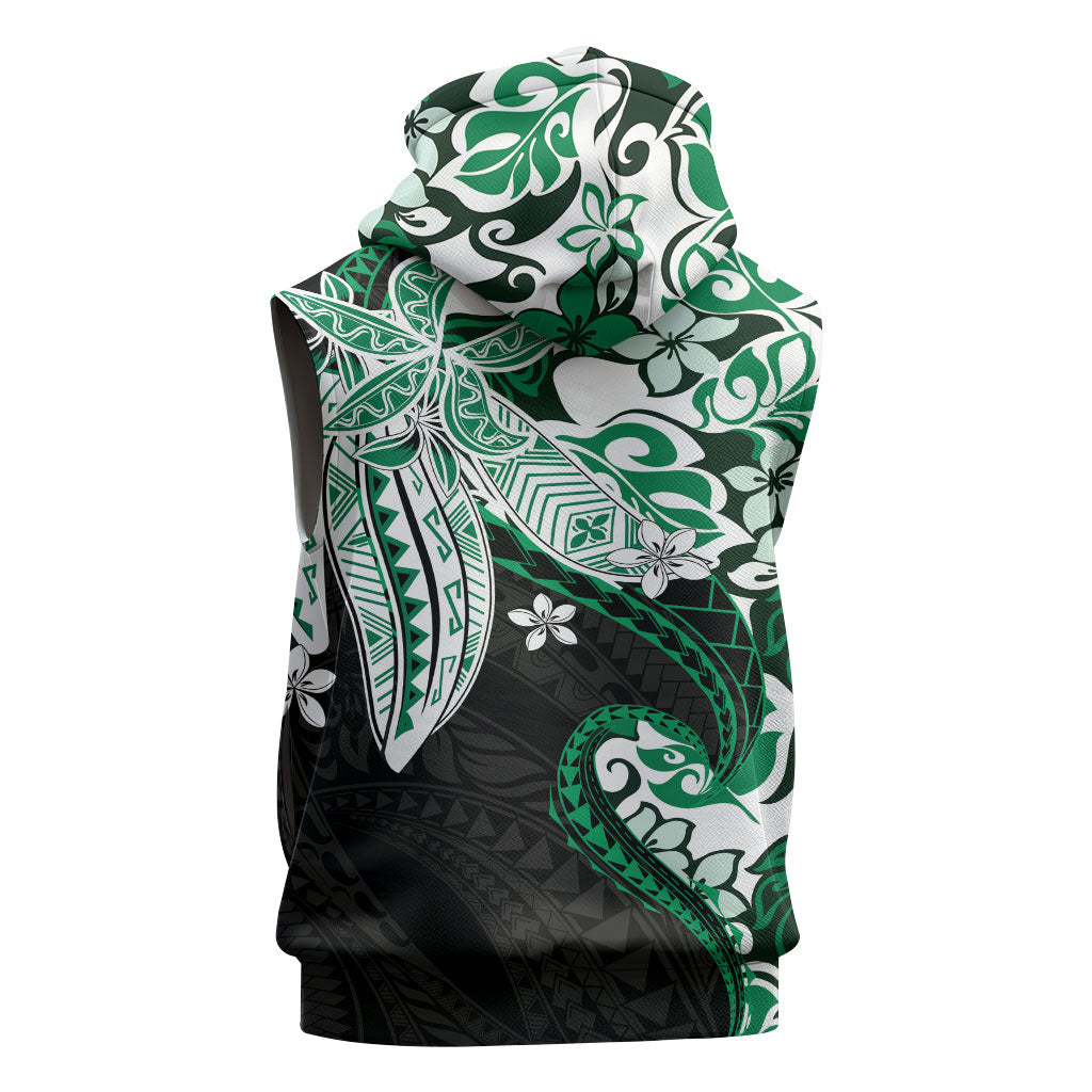 Monstera Plumeria Flowers Green Sleeveless Zip Hoodie Polynesian Pattern