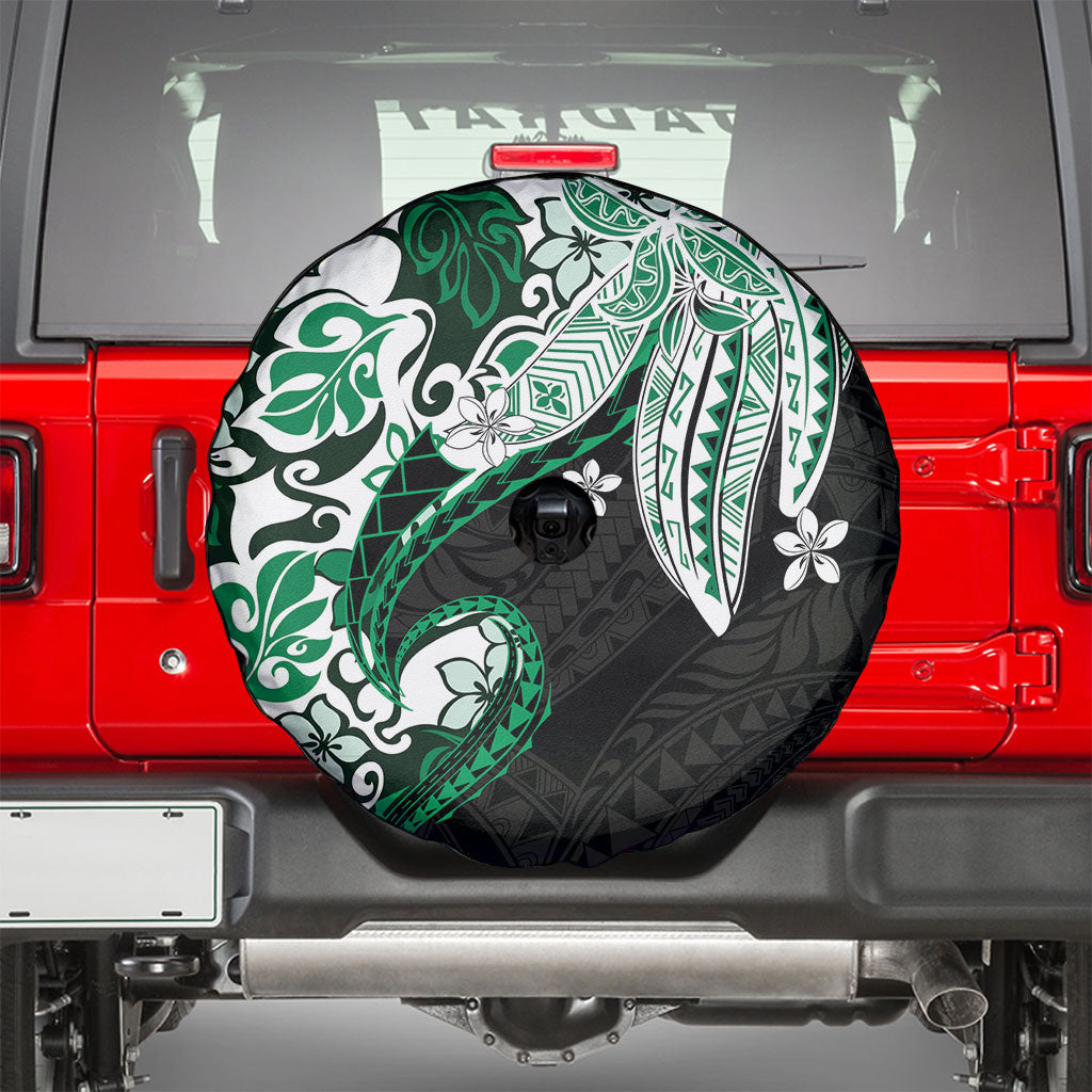 Monstera Plumeria Flowers Green Spare Tire Cover Polynesian Pattern