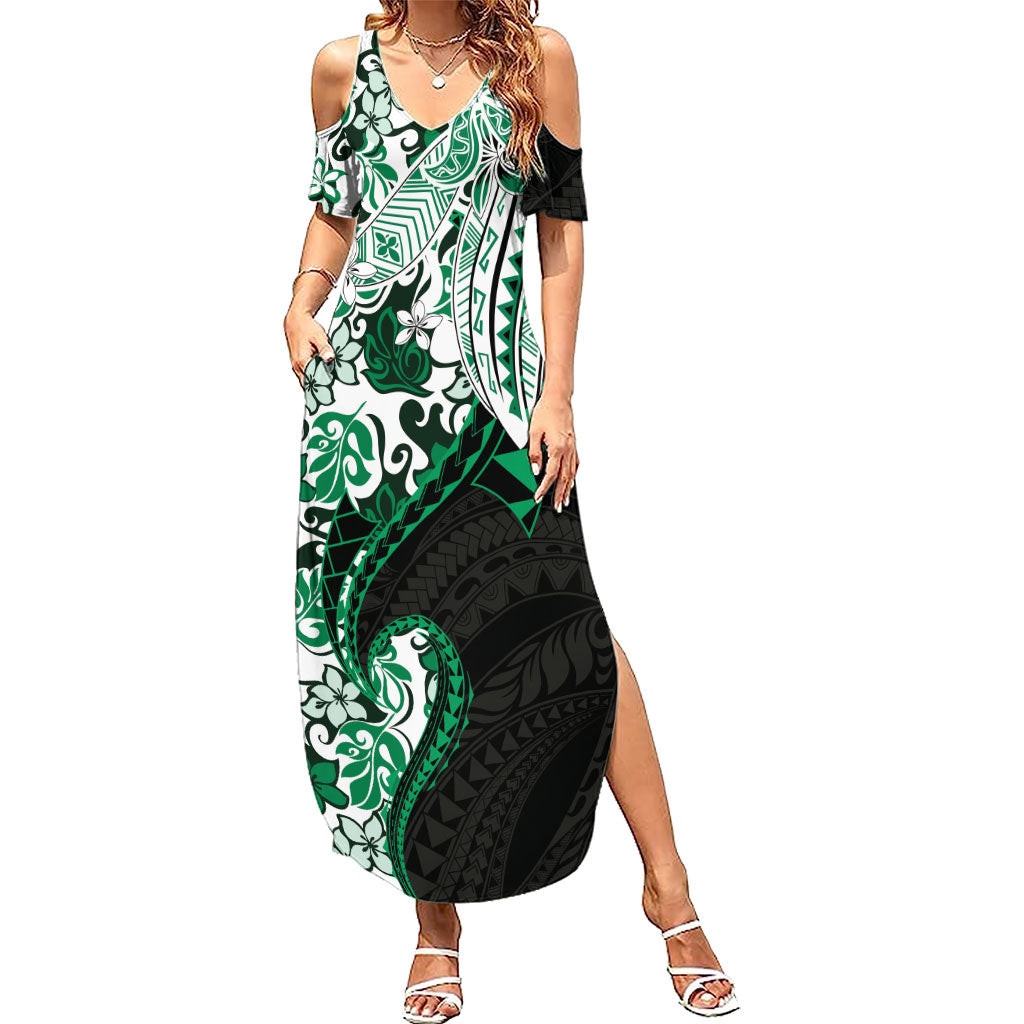 Monstera Plumeria Flowers Green Summer Maxi Dress Polynesian Pattern
