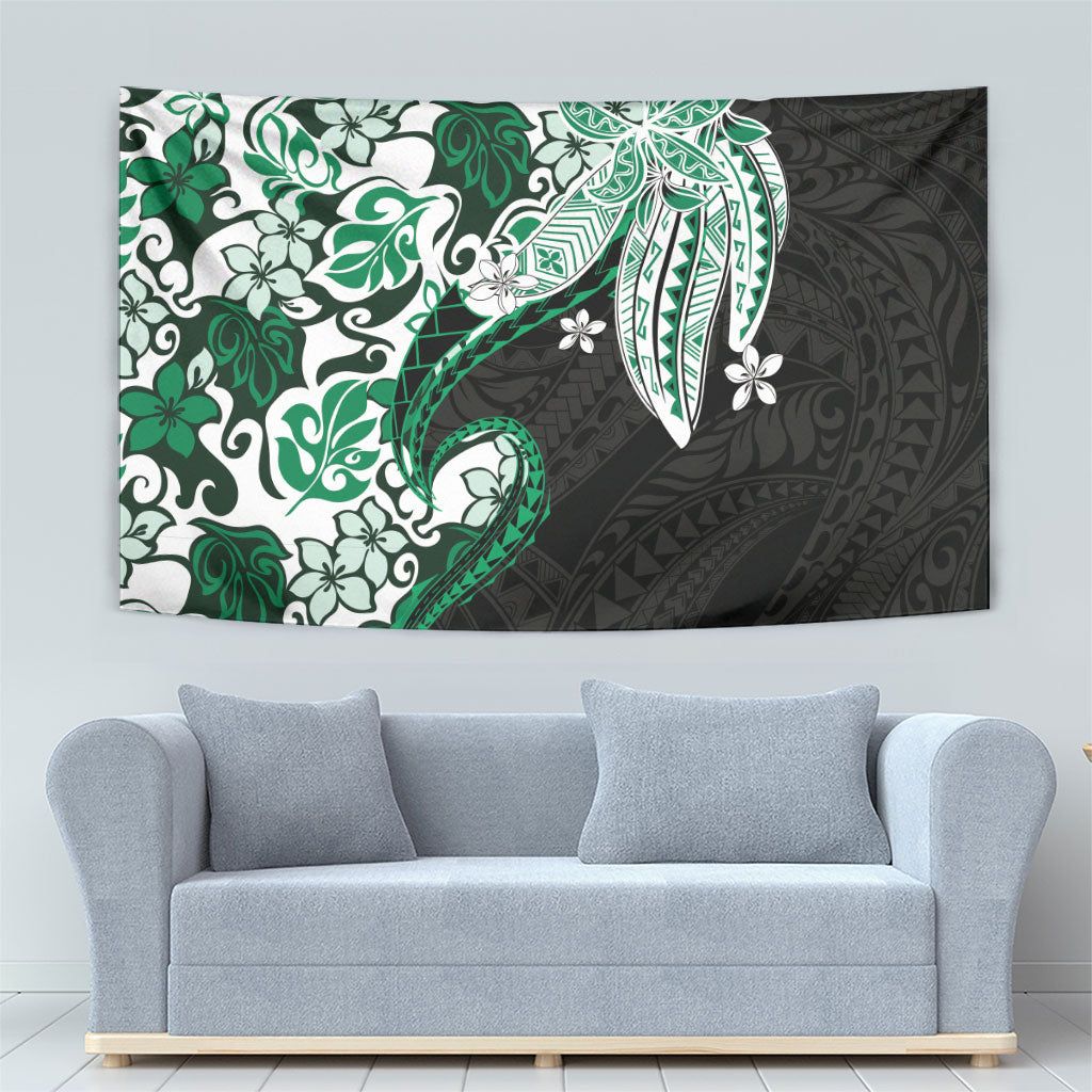 Monstera Plumeria Flowers Green Tapestry Polynesian Pattern