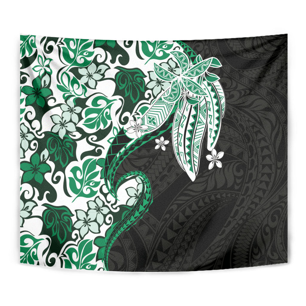 Monstera Plumeria Flowers Green Tapestry Polynesian Pattern