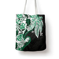 Monstera Plumeria Flowers Green Tote Bag Polynesian Pattern