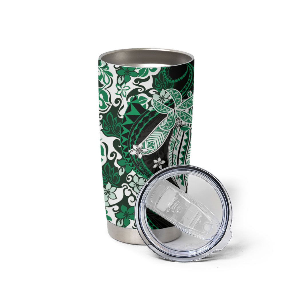 Monstera Plumeria Flowers Green Tumbler Cup Polynesian Pattern