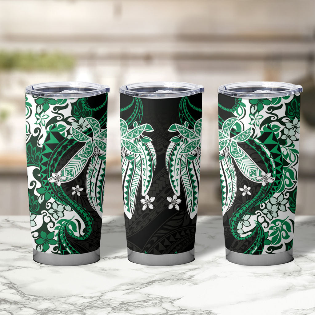 Monstera Plumeria Flowers Green Tumbler Cup Polynesian Pattern