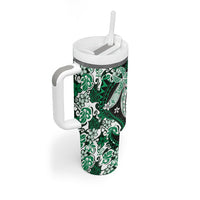 Monstera Plumeria Flowers Green Tumbler With Handle Polynesian Pattern
