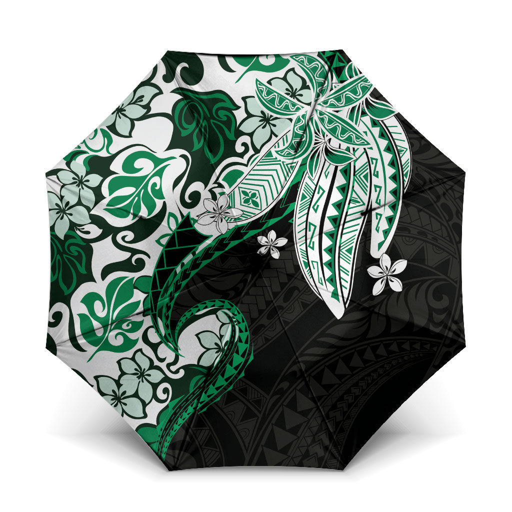 Monstera Plumeria Flowers Green Umbrella Polynesian Pattern