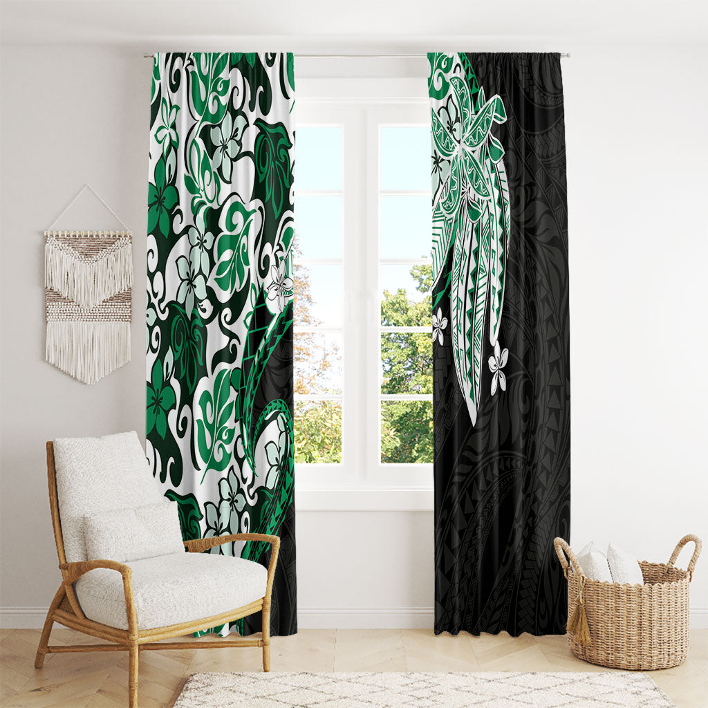 Monstera Plumeria Flowers Green Window Curtain Polynesian Pattern
