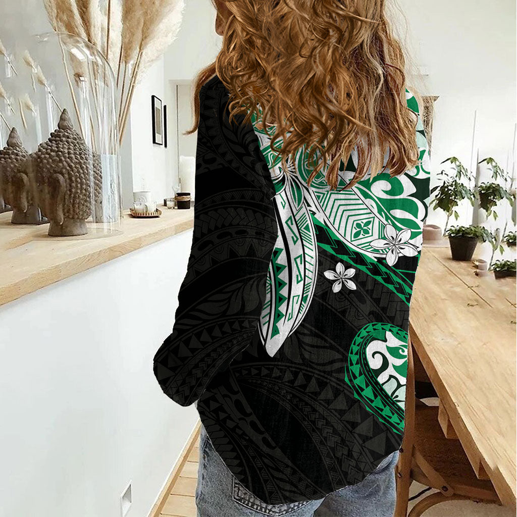 Monstera Plumeria Flowers Green Women Casual Shirt Polynesian Pattern LT01 - Polynesian Pride
