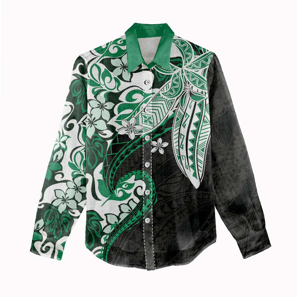 Monstera Plumeria Flowers Green Women Casual Shirt Polynesian Pattern LT01 - Polynesian Pride