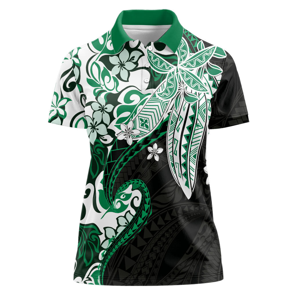 Monstera Plumeria Flowers Green Women Polo Shirt Polynesian Pattern