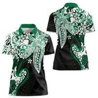 Monstera Plumeria Flowers Green Women Polo Shirt Polynesian Pattern