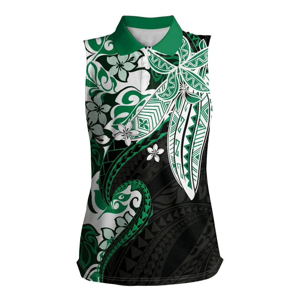 Monstera Plumeria Flowers Green Women Sleeveless Polo Shirt Polynesian Pattern