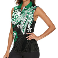 Monstera Plumeria Flowers Green Women Sleeveless Polo Shirt Polynesian Pattern