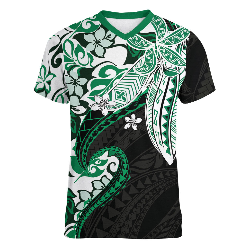 Monstera Plumeria Flowers Green Women V-Neck T-Shirt Polynesian Pattern LT01 Female Green - Polynesian Pride