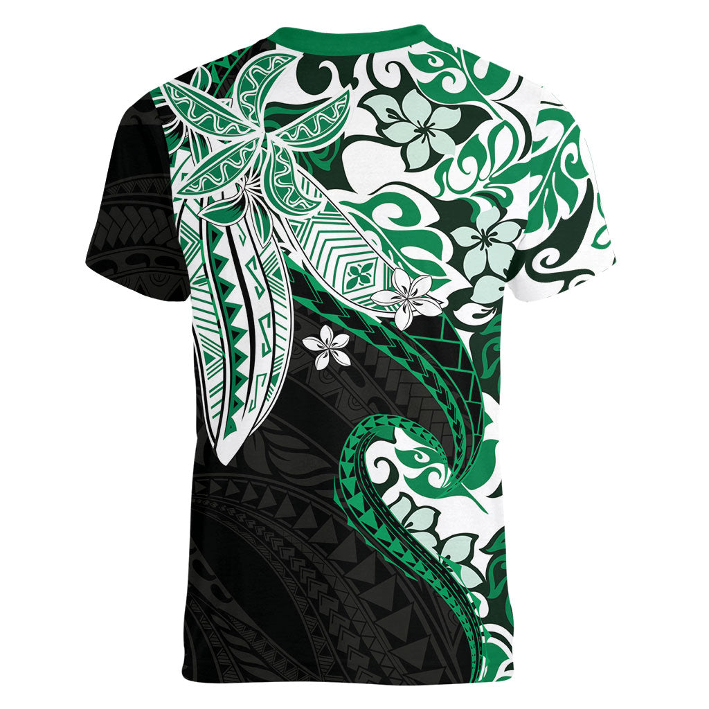 Monstera Plumeria Flowers Green Women V-Neck T-Shirt Polynesian Pattern LT01 - Polynesian Pride