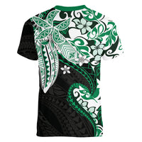 Monstera Plumeria Flowers Green Women V-Neck T-Shirt Polynesian Pattern LT01 - Polynesian Pride