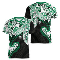 Monstera Plumeria Flowers Green Women V-Neck T-Shirt Polynesian Pattern LT01 - Polynesian Pride