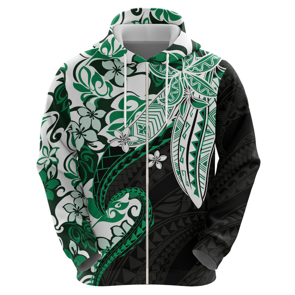 Monstera Plumeria Flowers Green Zip Hoodie Polynesian Pattern