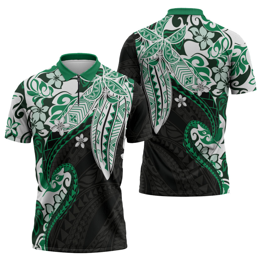 Monstera Plumeria Flowers Green Zipper Polo Shirt Polynesian Pattern