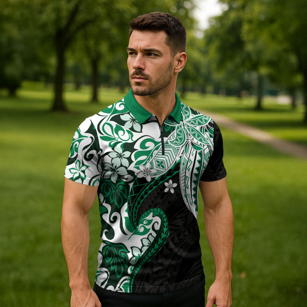 Monstera Plumeria Flowers Green Zipper Polo Shirt Polynesian Pattern