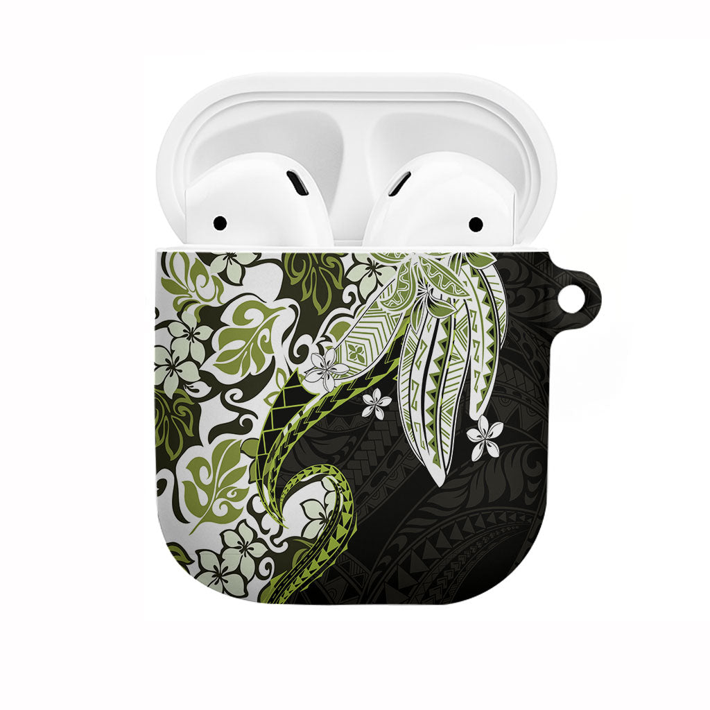 Monstera Plumeria Flowers Olive Green AirPods Case Polynesian Pattern