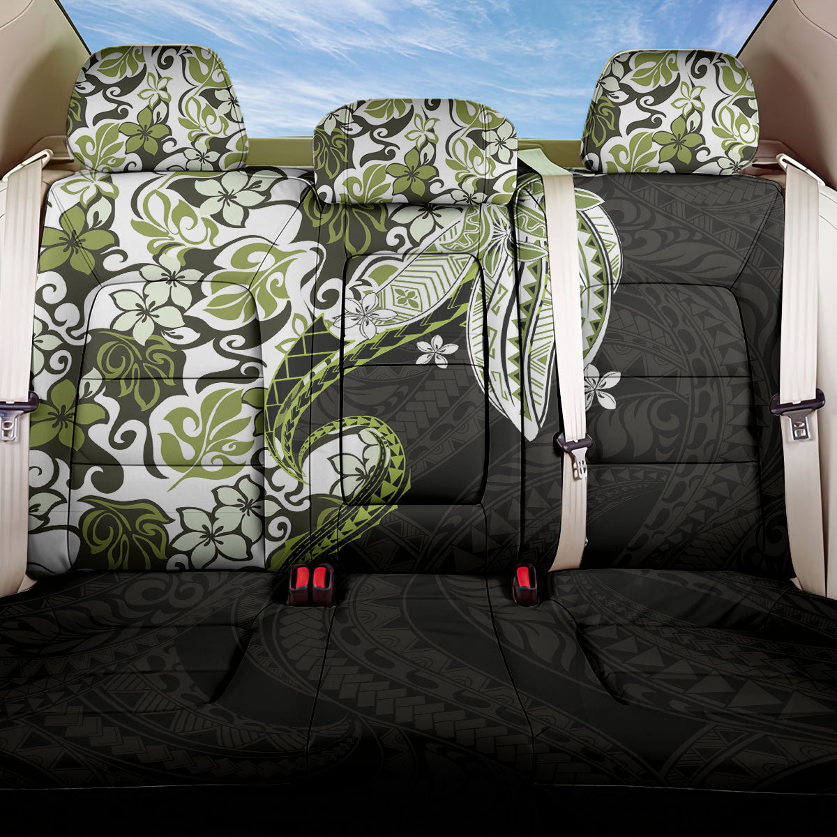 Monstera Plumeria Flowers Olive Green Back Car Seat Cover Polynesian Pattern