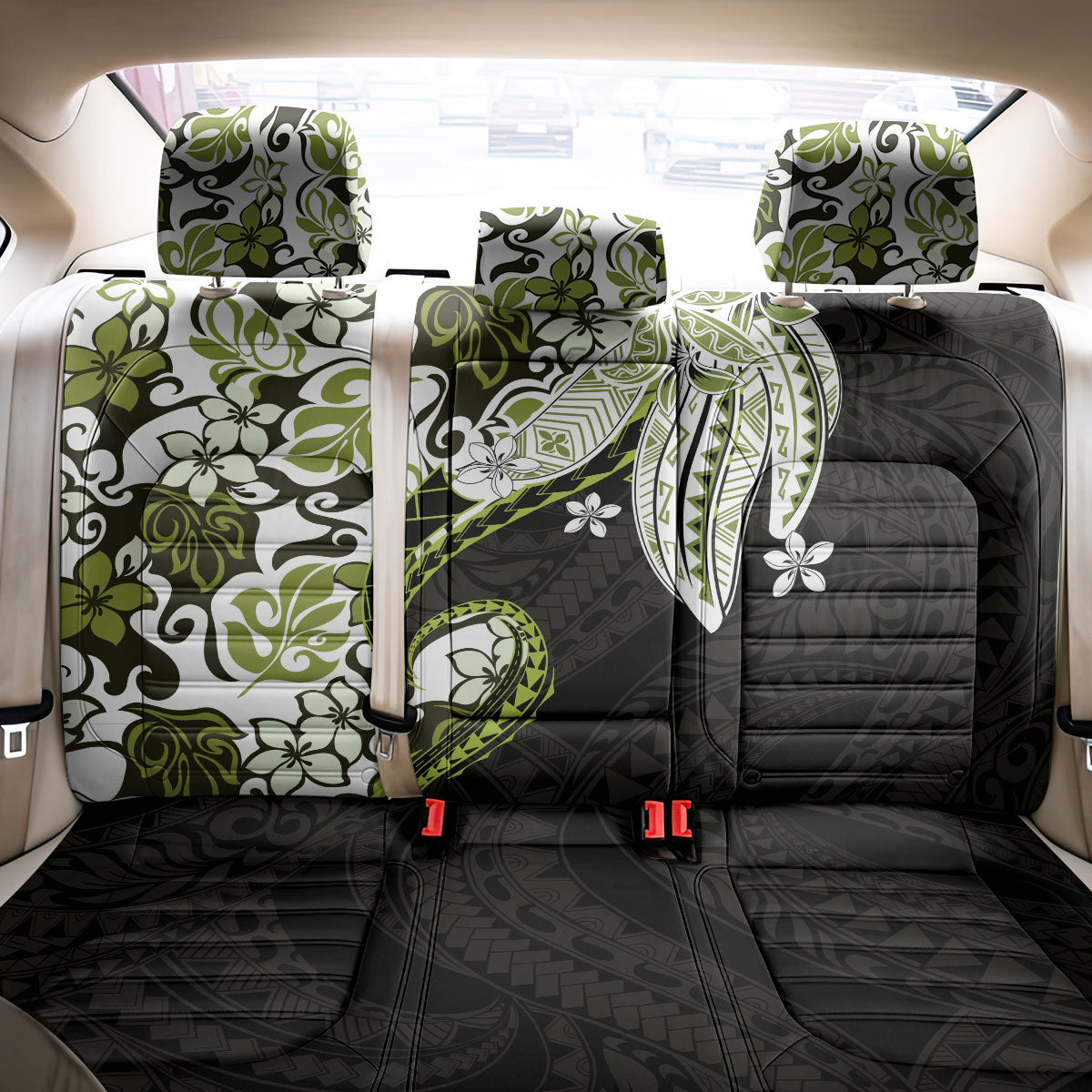 Monstera Plumeria Flowers Olive Green Back Car Seat Cover Polynesian Pattern