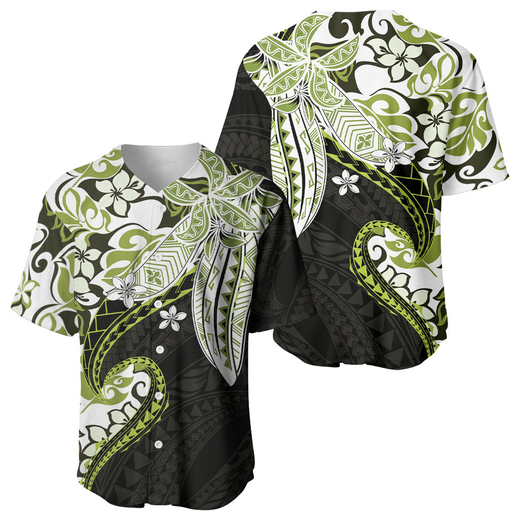 Monstera Plumeria Flowers Olive Green Baseball Jersey Polynesian Pattern