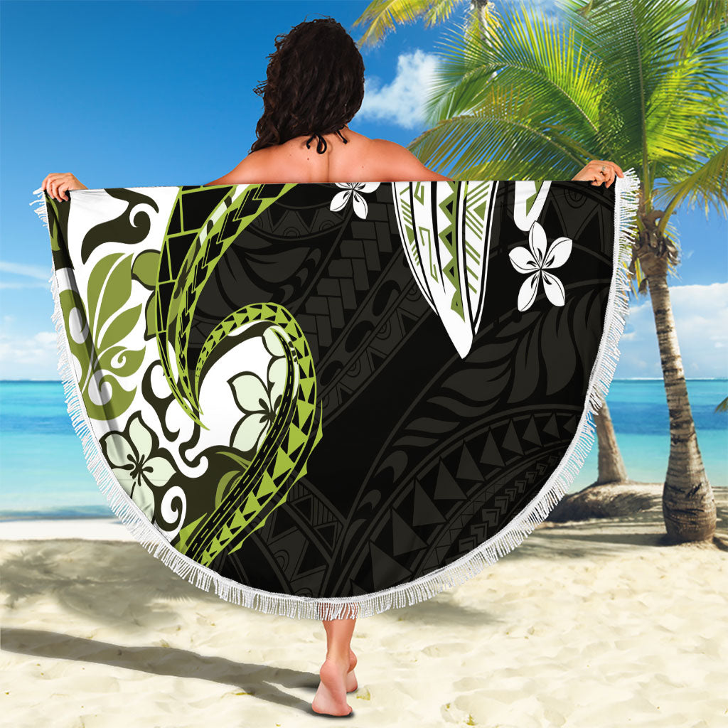 Monstera Plumeria Flowers Olive Green Beach Blanket Polynesian Pattern