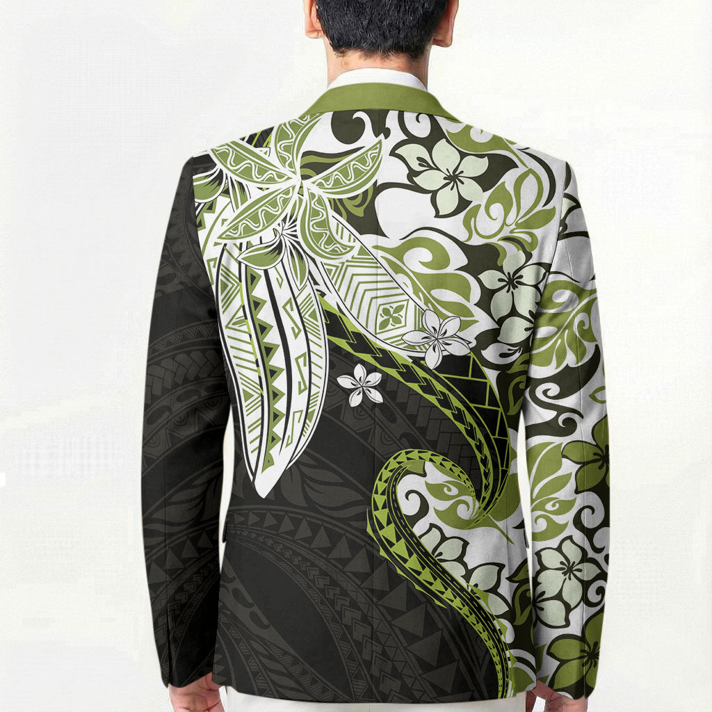 Monstera Plumeria Flowers Olive Green Blazer Polynesian Pattern