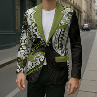 Monstera Plumeria Flowers Olive Green Blazer Polynesian Pattern