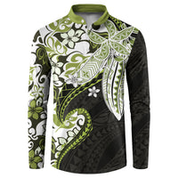 Monstera Plumeria Flowers Olive Green Button Sweatshirt Polynesian Pattern