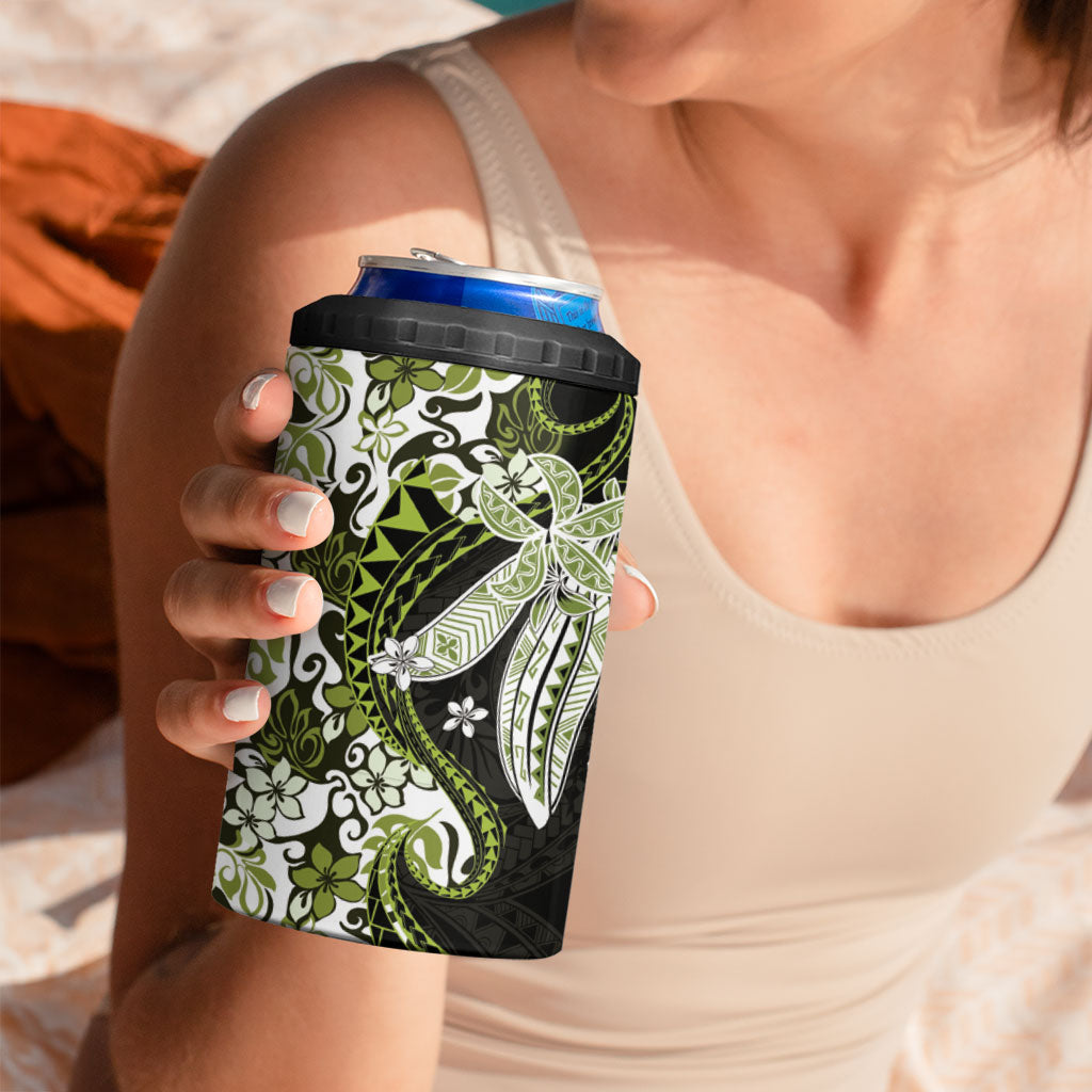 Monstera Plumeria Flowers Olive Green 4 in 1 Can Cooler Tumbler Polynesian Pattern