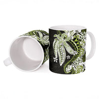 Monstera Plumeria Flowers Olive Green Ceramic Mug Polynesian Pattern