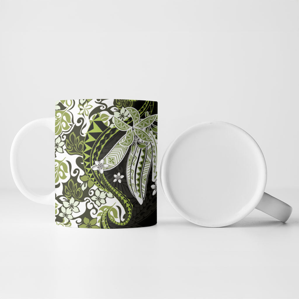 Monstera Plumeria Flowers Olive Green Ceramic Mug Polynesian Pattern