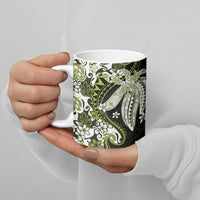 Monstera Plumeria Flowers Olive Green Ceramic Mug Polynesian Pattern